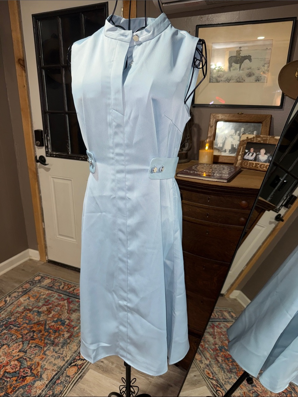 Sleeveless Light Blue Midi Dress with Stand Collar and Waist Tabs